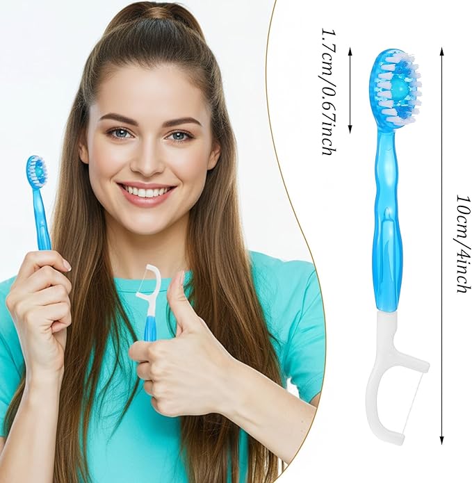 50pcs 5 in 1 Disposable Mini Toothbrushes with Toothpaste Floss Pick & Tongue Scraper Travel Size Individually Wrapped Portable Oral Care Set for Women Men Hotel Camping Flight Car Guest Use