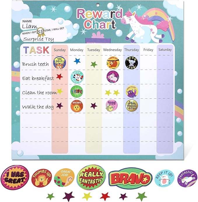 Behavior Chart for Kids - Reward Chart for Kids with 26 Reward Sheets, Magnetic Reward Chart for Kids with 1600 Star Stickers, 50 Motivational Stickers, Responsibility Chart for Kids, Behavior Chart