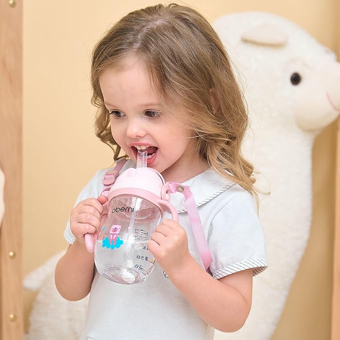 Toddler Sippy Cup, Tritan Baby Water Bottle With Non-Spill Valve Spout, Removable Handle and Carry Strap, 270ml/12m+/Pink/Pack of 3