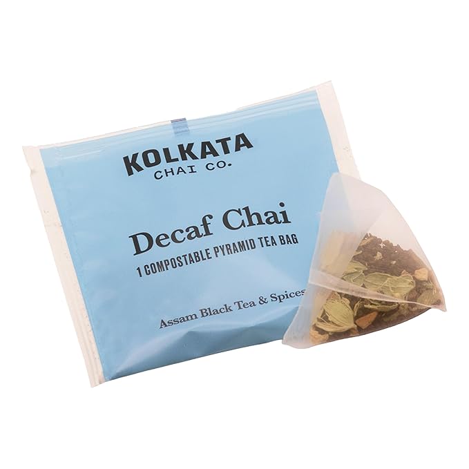 Kolkata Chai - Decaf Chai Tea Bag, 45 Count, Premium Assam Black Tea and Spices, Compostable Tea Bags, Vegan, All Natural