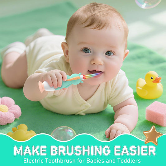 YUNCHI Toddler Electric Toothbrush Kids 0-3-6 Years, Baby Electric Toothbrush with Colorful LED Light, Battery Powered Toddler Toothbrush with 2 Minutes Timer 4 Brush Heads, Infant Toothbrush (Green)