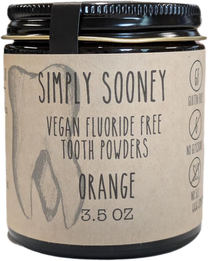 Simply Sooney Glass Jar Vegan Fluoride Free Remineralizing Tooth Powder Kid Safe Orange I Organic Ingredients