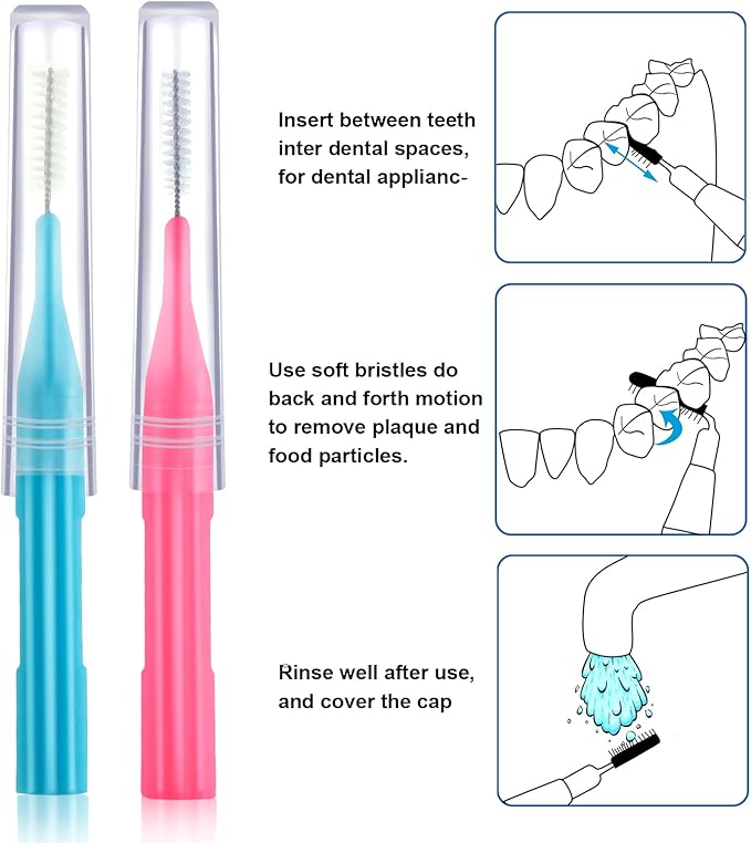 Patelai 100 Pieces Braces Brush for Cleaner Interdental Brush Toothpick Dental Flossing Head Oral Hygiene Flosser Tooth Cleaning Tool (Light Blue,Pink)