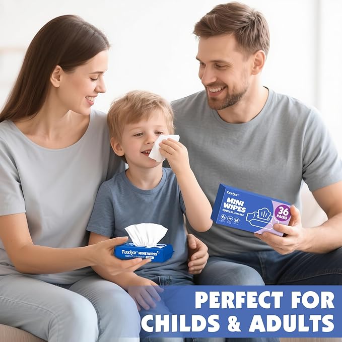 36 PackTravel Flushable Wipes with Aloe & Vitamin E,Impossibly Compact 7 Wipe Per Pack Mini Travel Adult Wet Wipe,Hypoallergenic & Fragrance-Free Skin-Friendly Flushable Wet Wipe(252 Total Wipes)