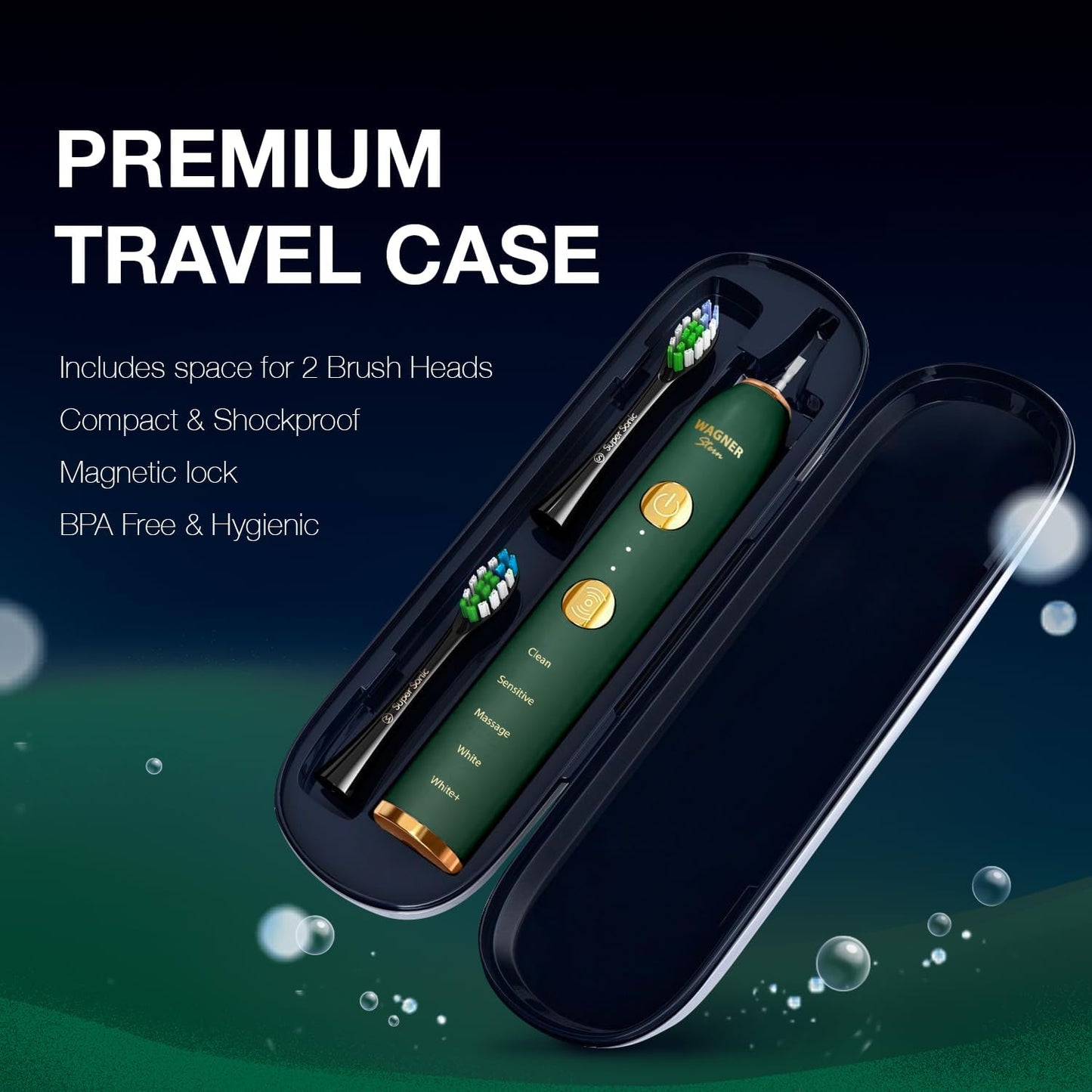 Wagner Stern WHITEN+ Edition. Whitening Electric Toothbrush with Pressure Sensor. Offers 5 Brushing Modes, 3 intensities, 8 Soft Brush Heads, and a Luxury Travel case.