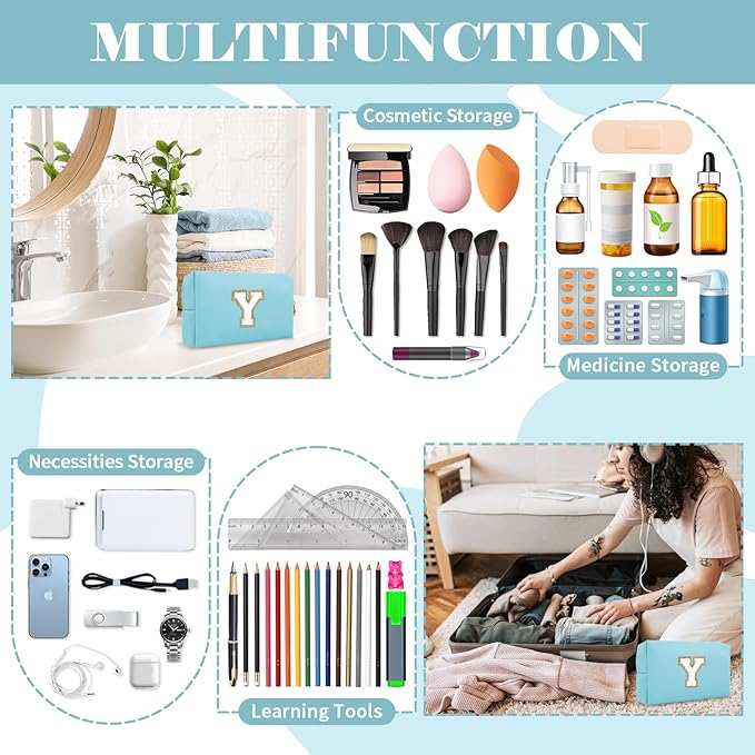 Small Personalized Initial A-Z Preppy Patch Makeup Bag,PU Chenille Letter Travel Cosmetic Pouch with Zipper,Blue Cute Toiletry Bag,Gift Ideal for Teen Girls Women Teacher Bridesmaid,Letter Y