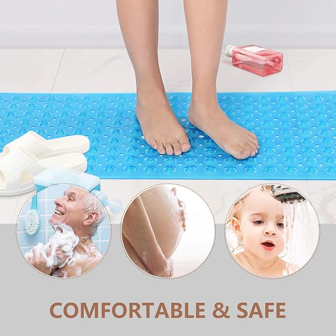 Upgrade Baby Bath Mat Non Slip Extra Long Bathtub Mat for Kids 40 X 16 Inch - Eco Friendly Bath Tub Mat with 200 Big Suction Cups,Machine Washable Shower Mat,Blue