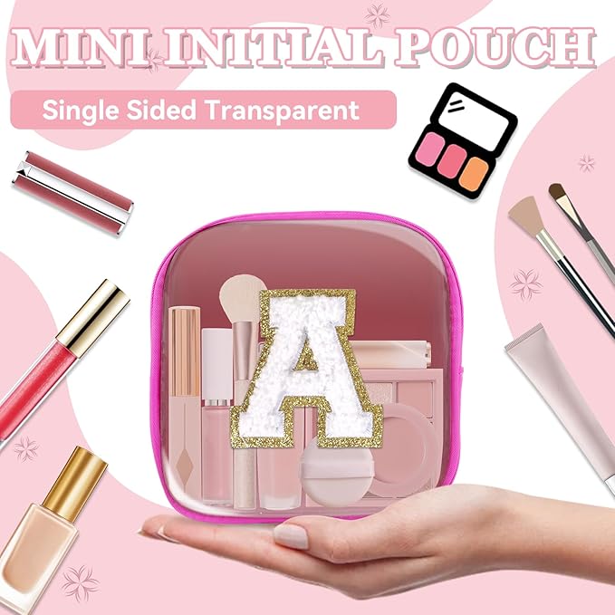 Mini Clear Personalized Initial Makeup Bag,Nylon Preppy A-Z Chenille Letter Patch Zipper Cosmetic Bag, Small Cute Beach Pouch Travel Purse Sanitary Napkin Storage Bag for Women Girls(Hot Pink-White A)
