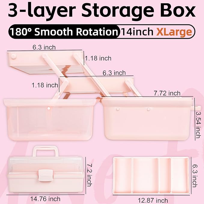 14in 3-Layer Multipurpose Craft Organizers and Storage with Adjustable Dividers, Portable Tackle Box, Folding Art & Craft Case for Medicine, Tool, Sewing Organizer (Pink, X-Large)