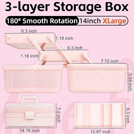 14in 3-Layer Multipurpose Craft Organizers and Storage with Adjustable Dividers, Portable Tackle Box, Folding Art & Craft Case for Medicine, Tool, Sewing Organizer (Pink, X-Large)