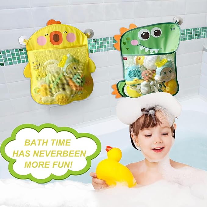 2 Pack Mesh Bath Toy Organizer, Anberky Cute Duck & Dinosaur Bath Toy Storage Net Bathtub Toy Organizer, Perfect Bathroom Hanging Storage Bag Quick Dry Bath Toy Holder Bag with 8 Strong Hooks (#A)
