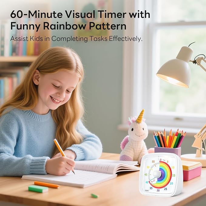 Yunbaoit Visual Timer with Night Light, 60-Minute Rainbow Countdown Timer for Kids and Adults, Time Management Tool for Home, School, Kitchen, or Office (White)