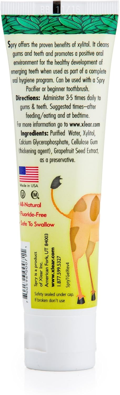 Spry Natural Xylitol Toothpaste for Baby, Toddler, Kids Age 3 Months Up - Fluoride Free Tooth Gel, Support Development of Emerging Teeth, Strawberry Banana, Bubblegum, Original, 2 Fl Oz (Pack of 3)