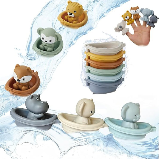 OTONOPI Baby Bath Toys Set 12 Pcs, Floating Bath Toys with 6 Sensory Animal Finger Puppets 6 Stackable Boat, Educational Water Floating Bathtub Pool Beach Toy for Toddlers Babies 18 Months and Up