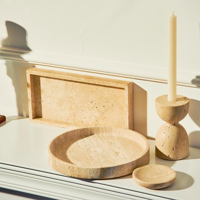 Natural Travertine Marble Vanity Tray for Bathroom,Kitchen, Dresser, Counter, Home Decor Round Stone Decorative Tray for Candles, Perfumes, Jewelry, Plants,Organiser Dish Beige
