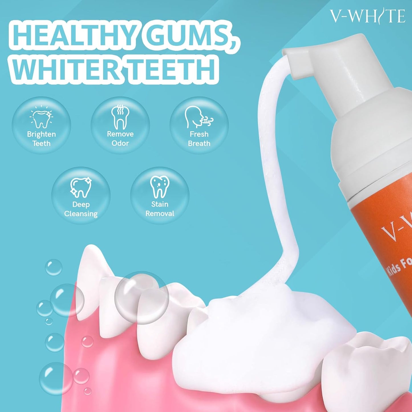 V-White Foam Teeth Whitening Toothpaste - Organic Toothpaste Fluoride Free, Alcohol Free, pH Balanced - Deep Cleansing, Stain Removal, Travel Friendly, for Kids & Adults (Large, Orange)