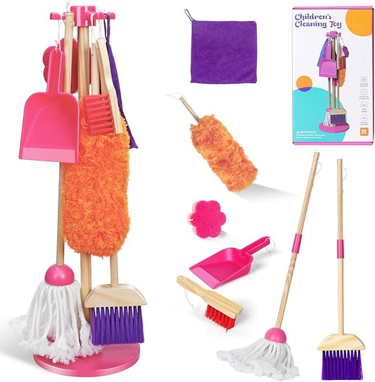 Wooden Toy Cleaning Set ,8Pcs Kids Cleaning Set, Includes Broom, Dustpan, Brush, Mop, Duster, Sponge, Rag and Hanging Stand, Pretend Play Children House Cleaning Toys for Toddlers