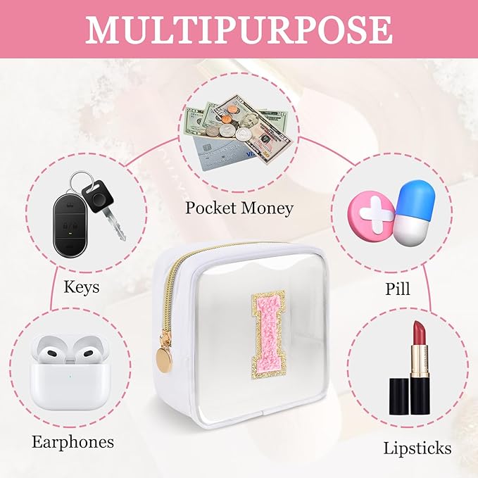 Mini Clear Personalized Initial Makeup Bag,Nylon Preppy A-Z Chenille Letter Patch Zipper Cosmetic Bag, Small Cute Beach Pouch Travel Purse Sanitary Napkin Storage Bag for Women Girls(White-Pink I)