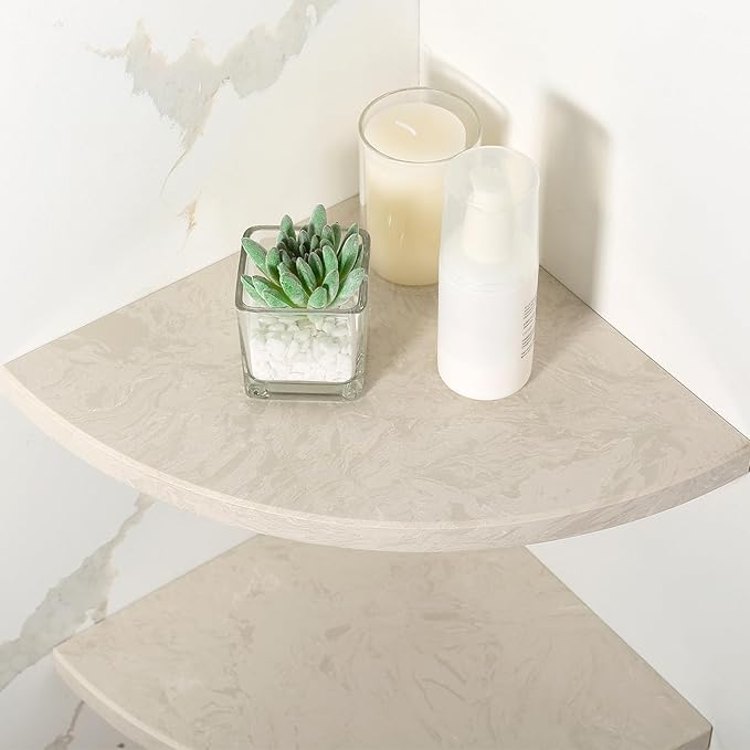 Koville Italian Natural Marble Corner Shelf, 2 Pcs Wall Mounted Marble Bathroom Corner Shelves Organizers, Polished Stone Corner Shower Caddy, No Drilling Adhesive Shower Caddies - Khaki Rose