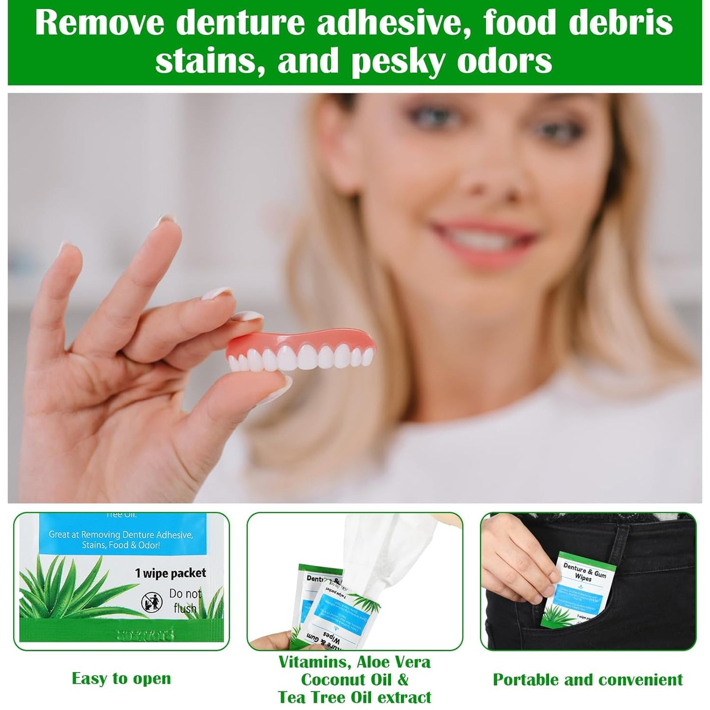 Timgle 200 Pcs Denture Cleaning Wipes Refreshes Gums Deep Cleaning Wipes for Remove Denture Adhesive, Food Debris, Stains and Odor