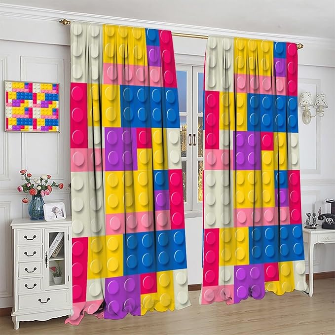 Kids Building Blocks Toy Curtains Children's Room Abstract Outline Colorful Plastic Toys Geometric Bricks Print Curtains for Boys Girls Nursery Curtains 63x63 Inches 2 Panels