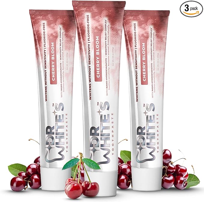 Dr. White’s Fluoride-Free nHA Toothpaste 3-Pack; Dentist-Formulated, Nano Hydroxyapatite + Xylitol, Sensitivity Relief Complex™, Mint-Free, Enamel Safe, Swallow-Safe (3.5 Oz, Cherry Bloom)