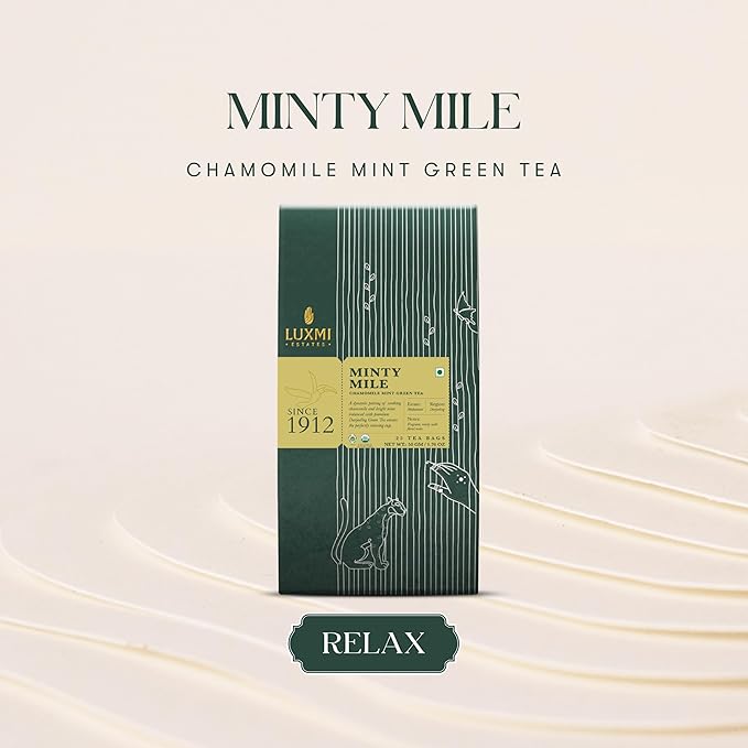 Luxmi Estates Minty Mile Organic Chamomile Mint Green Tea (25 Tea Bags) Low Caffeine Tea Bags For Relaxing, Calming, and Stress Relief, With Certified Organic Darjeeling Makaibari Green Tea