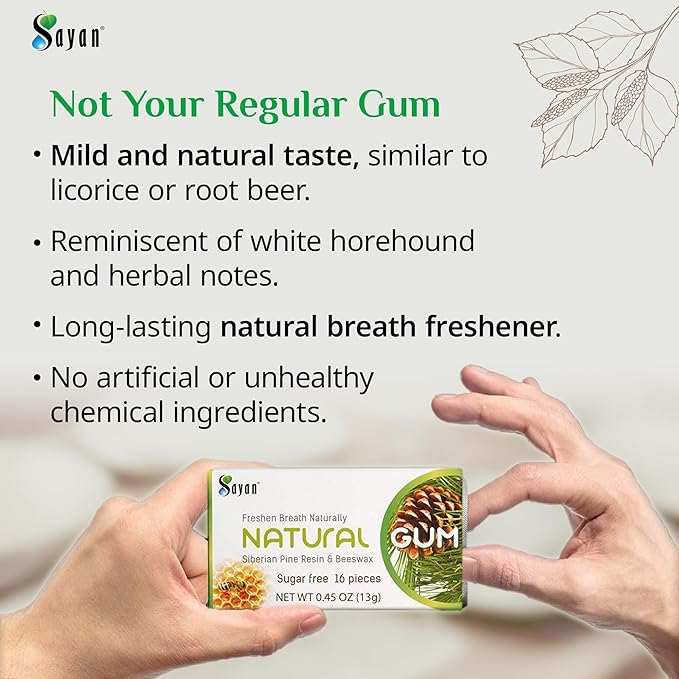 Sayan Sugar Free All Natural Gum, Siberian Pine Tree Resin and Beeswax Chewing Gum for Fresh Breath, Vegetarian, Non-GMO, No Sugar, Gluten Free, Aspartame Free, No Preservatives - 4 Packs (64 Pieces)