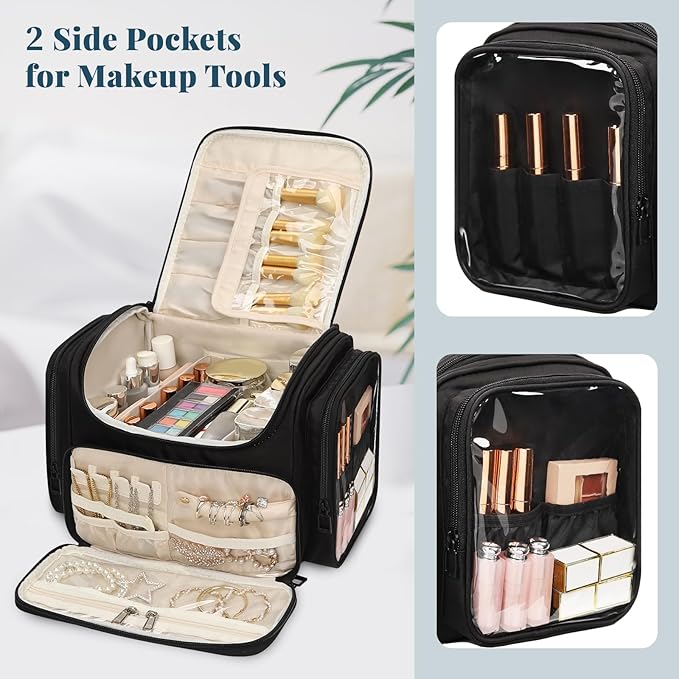 Large Makeup Bag with Jewelry Organizer, Travel Toiletry Bag for Women Girls with Makeup Brush Compartment & Two Side Pockets - XL Black