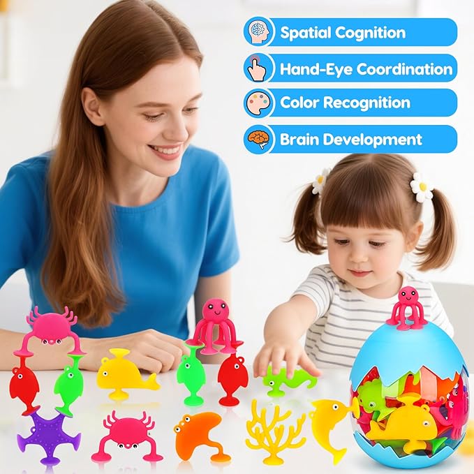 Toddler Suction Cup Bath Toys, Ocean Animal Bath Toys for Kids Ages 3-5 4-8 No Hole Mold Free Bathtub Window Building Toys Christmas Stocking Stuffers for 3 4 5 Year Old Boys Girls Birthday Gifts