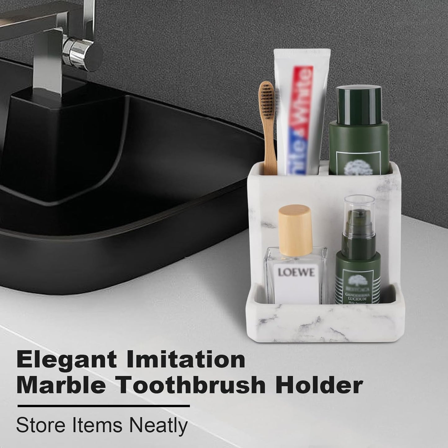 Toothbrush Holder for Bathrooms Organizer Countertop Organizer Accessories, with 3 Compartment Storage for Toothbrush Toothpaste Floss Razors, White Imitation Marble Finish Toothbrushholder03
