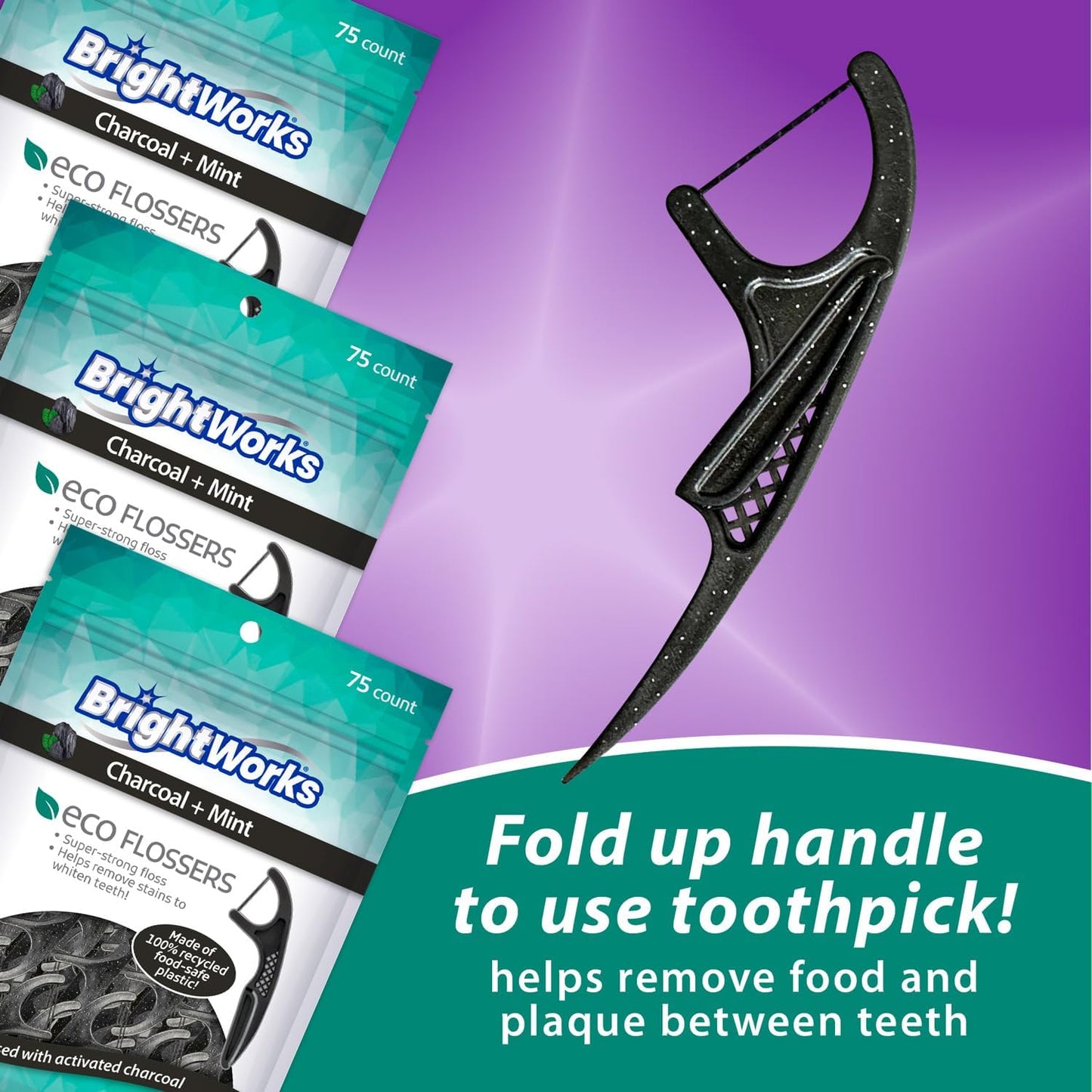 Brightworks ECO Sustainable Floss Picks - 225 Count - PFAS Free - Made in USA Charcoal + Mint Infused 100% Post-Consumer Recycled Plastic with Micro-Crystals for Oral Care Hygiene Gum Health