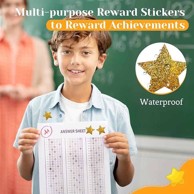 500 PCS Star Stickers, Self-Adhesive Metallic Glitter Foil Sparkly Star Stickers for Reward Behavior Chart Labels, Kids, Students, Teachers Supplies, Sparkly Gold, 1"