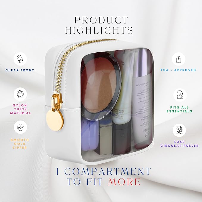 Clear Mini Makeup Bag - Small Cosmetic Pouch for Purse - Travel Case (White)