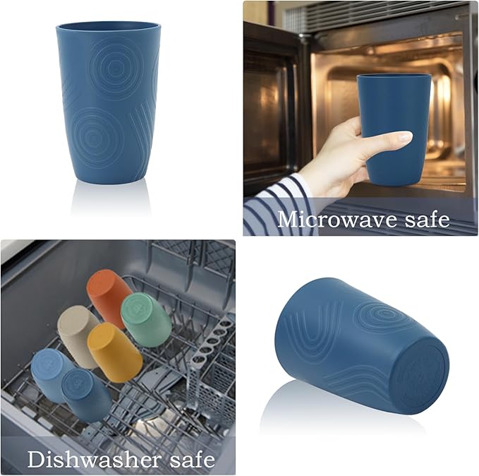 Wrova Wheat Straw Water Cups 16oz with Etched Pattern - Alternative Plastic Drinking Glasses Set of 6 - Reusable Tumbler Cups for Kids - Navy Blue