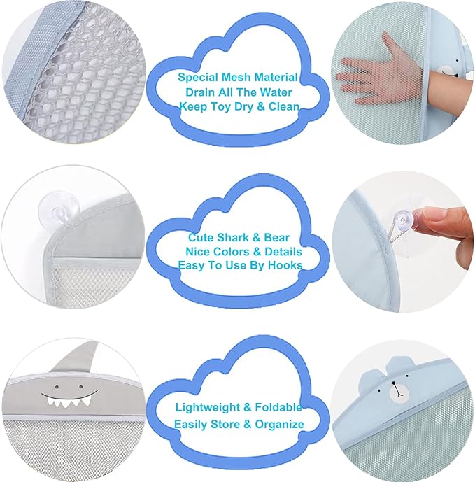 2 Pack Mesh Bath Toy Organizer, Cute Shark & Bear Bath Toy Storage Net Bathtub Toy Organizer, Perfect Bathroom Hanging Storage Bag Quick Dry Bath Toy Holder Bag with 8 Strong Hooks (Set A)