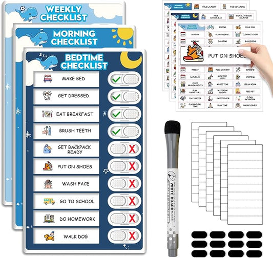Upgraded Slider 3 in 1 Bedtime/Morning/Weekly Routine Chart for Kids, Magnetic Chore Chart for Kids with 99 Stickers, Cute Visual Schedule for Kid