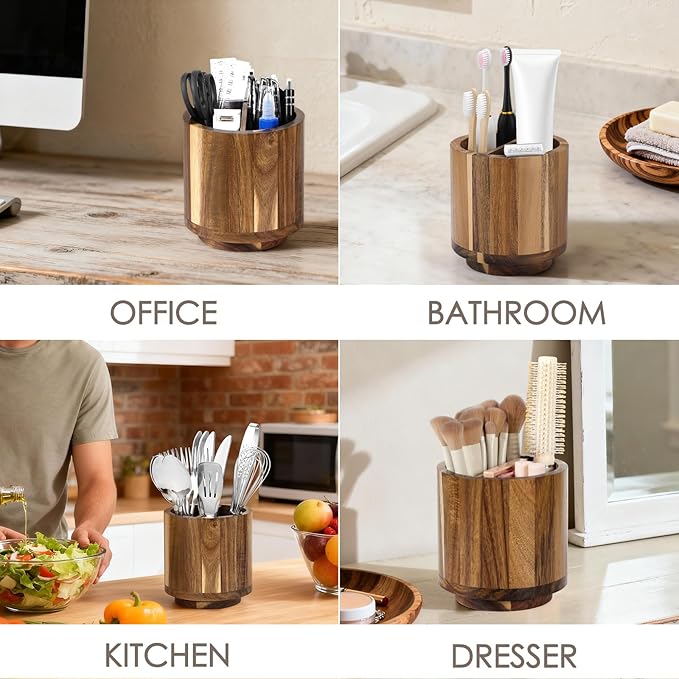 Toothbrush Holders for Bathrooms,Toothbrush Cup,Wooden Bathroom Cup with Rotation,Bathroom Counter Organizer with Vent Hole,Desk Organizer,For Electric Toothbrush,Toothpaste,Water Flosser,Razor