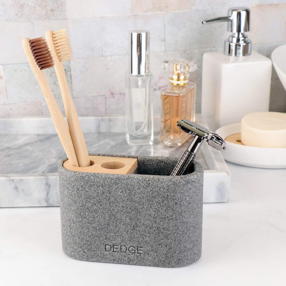 Dedge 3 Slots Bamboo Toothbrush Holder Electric Toothbrush Holder and Toothpaste Holder for Bathroom Countertop Accessories Storage,Toothbrush Holders for Bathrooms, Gray Sandstone Style Organizer