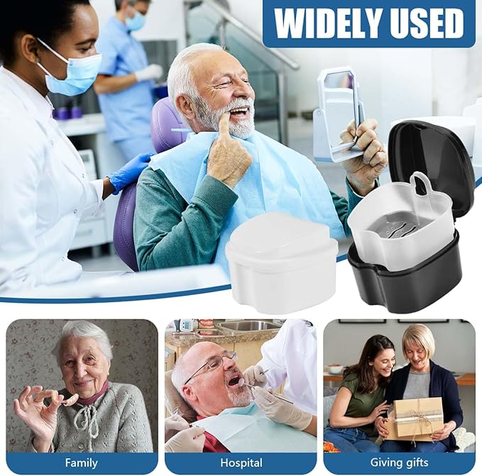 2 Pack Colors Denture Bath Case Cup Box Holder Storage Soak Container with Strainer Basket for Travel Cleaning (White and Black)