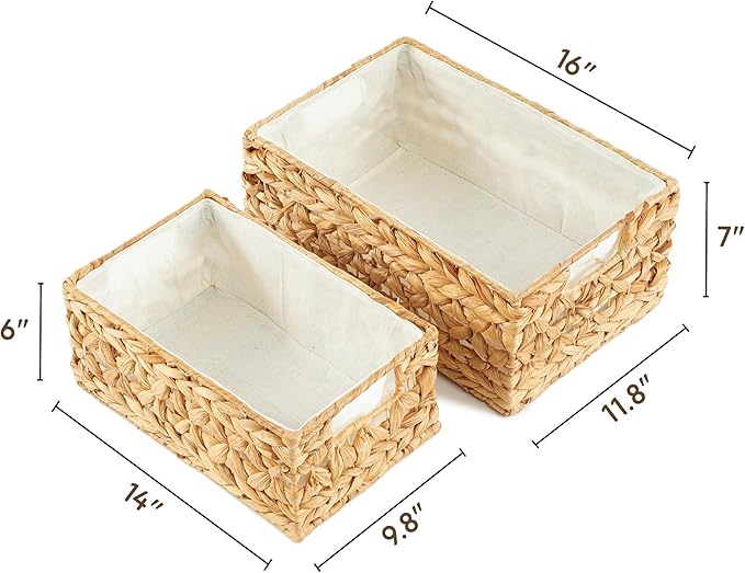 Greenatural Water Hyacinth Storage Baskets Set of 2, Handwoven Rectangular Organizer Trays with Liners, Rattan Wicker Bins with Handles, Storage Organizers for Shelf, Bathroom, Kitchen, Office