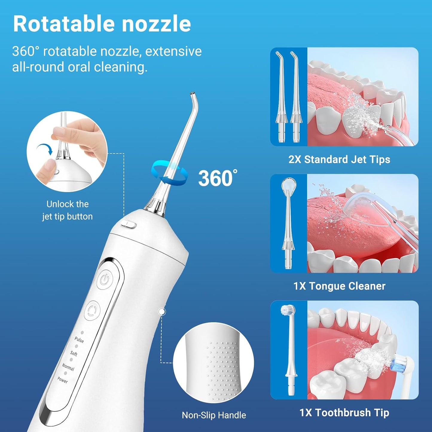 Cordless Water Dental Flosser Oral irrigator,JNGOODS 300ml Rechargeable Water flosser for Teeth IPX7 Waterproof 4 Modes Portable Oral Irrigator with 4 Jet Tips, Travel Home use (White)
