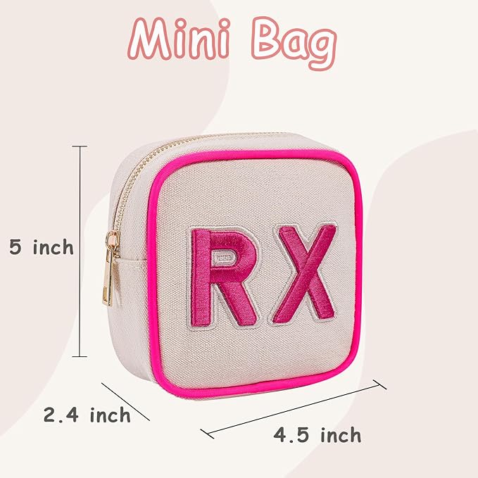 Small Canvas Rx Medicine Packages, Cute Chenille Letter Patch Drug Makeup Bag with Metal Zipper, Mini Travel First Aid Purse Organizer Machine Washable (02Hot Pink)
