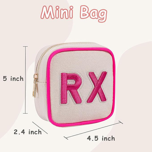 Small Canvas Rx Medicine Packages, Cute Chenille Letter Patch Drug Makeup Bag with Metal Zipper, Mini Travel First Aid Purse Organizer Machine Washable (02Hot Pink)