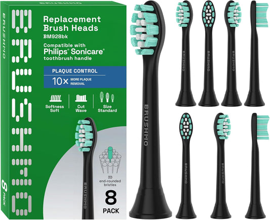 Brushmo Plaque Control Replacement Toothbrush Heads, Compatible with Philips Sonicare Click-on Electric Toothbrush Handles, 8 Standard Replacement Heads, SoftDuPont Bristles, BM928bk, Black