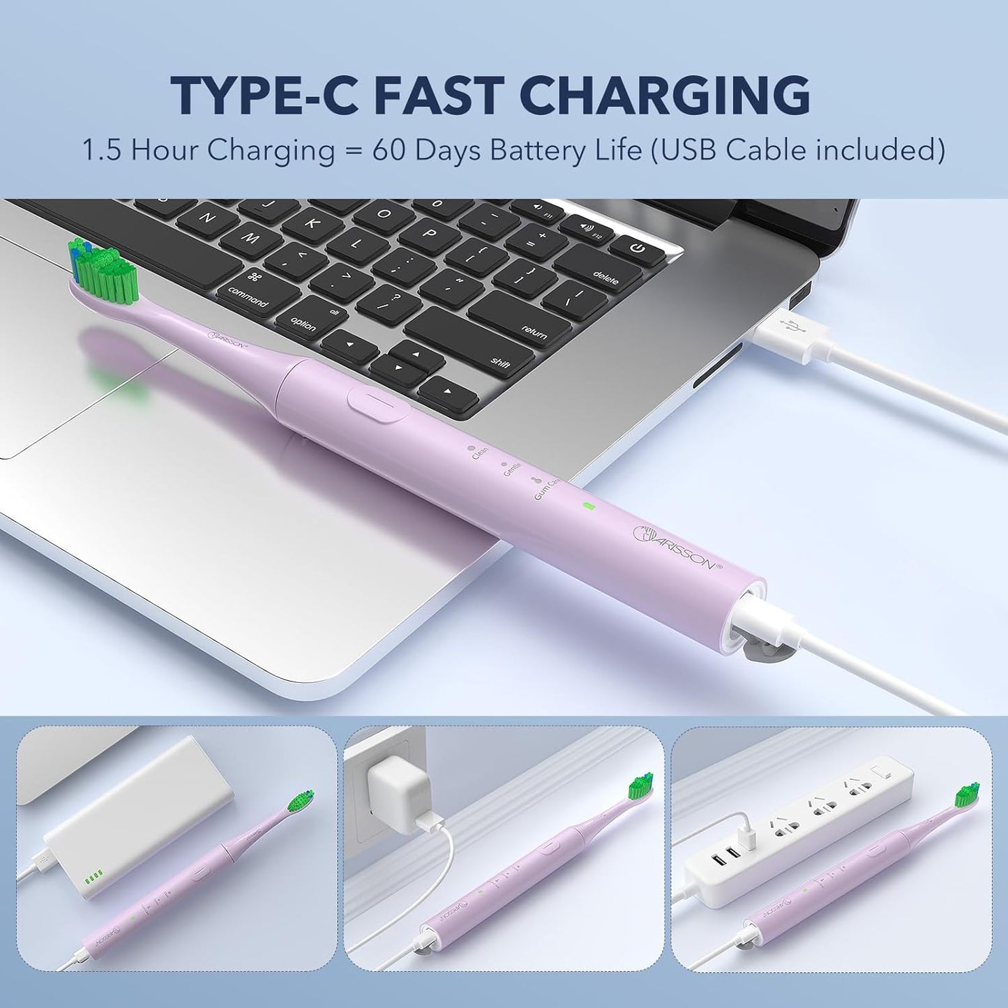 ARISSON Sonic Electric Toothbrush for Adults and Kids, 40,000 VPM Power Toothbrush, 1.5H Fast Charge Ultrasonic Electric Toothbrushes with 2 Minutes Smart Timer, Cotton Candy