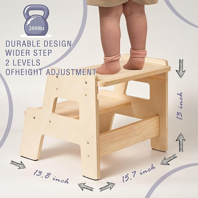 Toddler Step Stool for Kids - Height Adjustable Non-Slip Wooden Step Stool for Bathroom Sink, Kitchen & Potty Training 2-Step - Natural