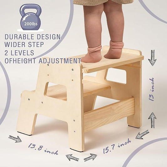 Toddler Step Stool for Kids - Height Adjustable Non-Slip Wooden Step Stool for Bathroom Sink, Kitchen & Potty Training 2-Step - Natural