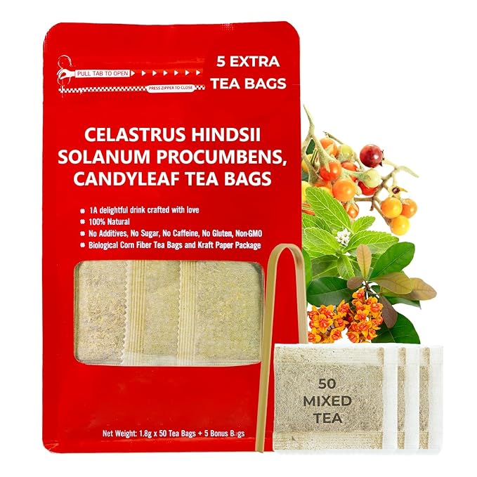 Natural Celastrus Hindsii Tea with Solanum Trilobatum & Stevia - 55 Count (+5 Tea Bags) - 4.59 oz, Bamboo Tong, Re-Steep Herbal Detox Tea Blend for Relax, Energy & Inner Health Support