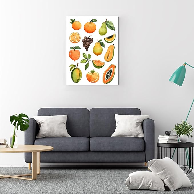 SchindlerBang Large Kitchen Art Print,Cartoon Fruit Watercolor,Contemporary Wall Canvas,Modern Decor Display,16x24inch Framed Artwork Ready to Hang
